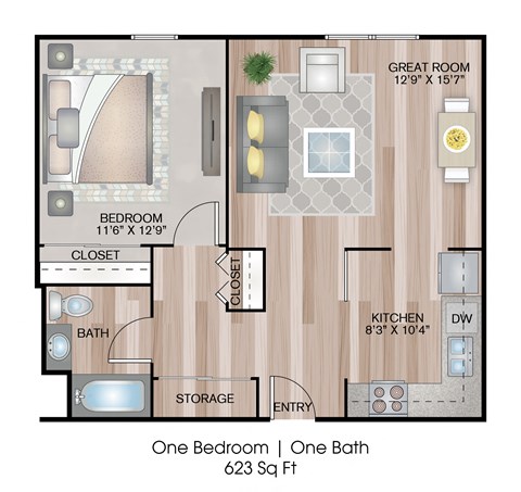 Floor plan for 1 bed, 1 bath, 623 sqft